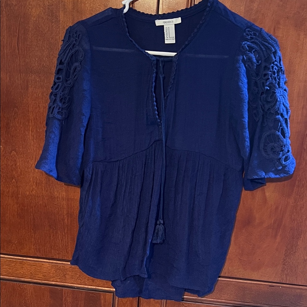 Forever 21 Deep Blue Blouse with Lace Sleeves